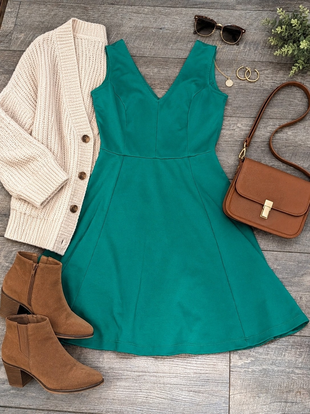 H&M Teal/Green V-Neck Fit & Flare Mini Dress